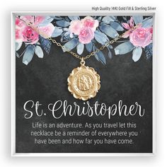 "NEW....You can now add a pair of earrings to you order! Copy & paste the link below, or go to our \"Add Earrings to Order\" section in our shop. ► https://etsy.me/3n0Uz2n D E S C R I P T I O N A large 14kt gold filled or sterling silver St Christopher pendant hangs beautifully from our signature delicate & sparkly 14kt gold filled cable chain or choose a beaded satellite chain. The pendant features St Christopher surrounded by the words \"Saint Christopher Protect Us\". Completely handm Saint Christopher Necklace, Aunt Nephew, Saint Necklace, St Christopher Necklace, Gold Medallion Necklace, St Christopher Medal, St Christopher Pendant, Travel Necklace, St Christopher