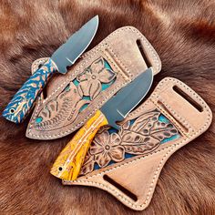 there is offer 2 for 1 deal the knife is made of 1095 steel .overall length is 8 inches .handle is made of pinecone and resin  ,both comes with leather sheath . Western Knife, Leather Knife Sheath Pattern, Custom Leather Work, 1095 Steel, Cowgirl Accessories, Western Gifts, Pretty Knives, Country Things, Western Wear Outfits