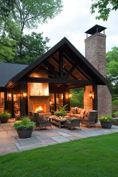 50+ Creative Covered Patio Ideas Attached to House with Fireplace Gable Back Porch Patio, Outdoor Rooms Attached To House, Covered Deck Off Back Of House, Backyard Patio Cover, Colonial Farmhouse Exterior, House With Fireplace, Patio Roof Extension Ideas, Outdoor Fireplace Ideas, House Backyard Ideas