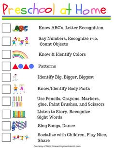 the preschool at home checklist with numbers and colors