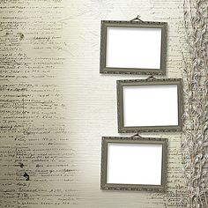 three empty frames hanging on a wall next to some dry grass and an old paper background