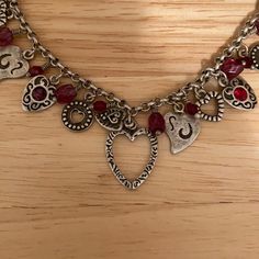 Silver W/ Red Beads - Adjustable Length Valentine's Day Beaded Metal Jewelry, Red Metal Jewelry With Heart Charm, Red Metal Dangle Necklace, Nickel-free Red Metal Necklace, Vintage Red Jewelry With Heart Beads, Red Beaded Metal Necklace, Red Bohemian Jewelry With Heart Charm, Red Beads, Lia Sophia