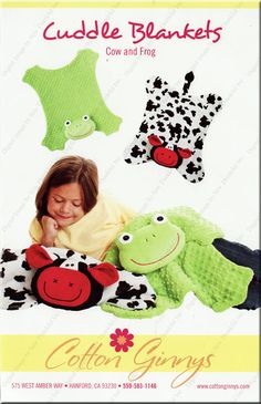 an advertisement for cuddle blankets with stuffed animals and cow on the front, along with other crochet patterns