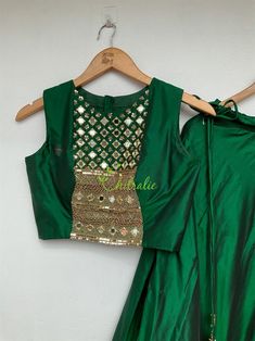 Bottle Green Silk Skirt and Mirror Worked Crop Top for Girls - Etsy Cotton Silk Lehenga With Mirror Work For Diwali, Festival Cotton Silk Lehenga With Mirror Work, Chanderi Sets With Gold Embroidery For Navratri, Festive Chanderi Sets With Gold Embroidery, Silk Dress With Mirror Work For Navratri, Navratri Chanderi Sets With Gold Embroidery, Brocade Sets With Mirror Work For Reception, Brocade Traditional Wear With Mirror Work For Reception, Diwali Chanderi Sets With Gold Embroidery