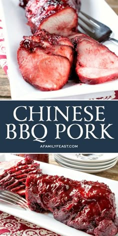 chinese bbq pork on a plate with fork and knife next to another dish that has meat in it