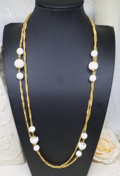 White Pearl Chain Necklace With Round Beads, Elegant White Chain Long Necklace, Elegant White Beaded Necklace With Chain, White Beaded Necklaces With Round Beads And Chain, White Chain Necklace For Party, White Long Chain Necklace For Party, White Pearl Chain Necklace For Party, White Beaded Long Chain Necklace, White Chain Necklace With Adjustable Chain For Party