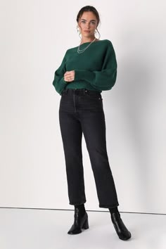 Keep your wardrobe stylish yet comfortable this winter season with a closet essential like the Lulus Classically Cozy Dark Green Ribbed Dolman Sleeve Cropped Sweater! This chic sweater is composed of stretchy midweight ribbed knit that shapes a pullover design and a boat neckline. Trendy dolman sleeves (with long fitted cuffs) frame the relaxed bodice that falls to a cute cropped hem. Fit: This garment fits true to size. Length: Size medium measures 16" from shoulder to hem. Bust: Great for any Dark Green Knitted Sweater, Ribbed Cropped Sweater For Fall Workwear, Fall Ribbed Cropped Sweater For Work, Forest Green Outfits For Women, Chic Cropped Sweater With Ribbed Cuffs For Winter, Cozy Cropped Sweater For Everyday Fall Use, Classic Cropped Sweater For Fall Layering, Chic Cropped Crew Neck Sweater For Winter, Everyday Long Sleeve Cropped Sweater For Winter