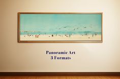 a painting hanging on the wall above a wooden floor in front of a white wall with words panoramic art 3 formats