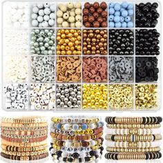 various beads and bracelets are arranged in a box