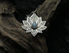 Lotus Necklace  Water Lily Necklace  Silver Lotus by spaceweaver Lily Necklace, Lotus Necklace, Rainbow Moonstone Necklace, Chakra Necklace, Handmade Jewel, Necklace Heart, Moon Magic, Moonstone Necklace, Water Lily