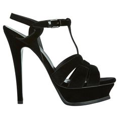 Saint Laurent pumps Tribute sandals in black velvet (on leather), covered stiletto heel, beveled platform, crisscross straps and strap with Saint Laurent Paris logo pin buckle on the ankle. Size 38.5FR, heel 13.5 cm, platform 4 cm, insole 24.7 cm. The sandals are new, delivered without invoice but in their original box. Saint Laurent Pumps, Logo Pin, Velvet Pumps, Paris Logo, Pin Logo, Saint Laurent Paris, Stiletto Heel, Black Velvet, Criss Cross