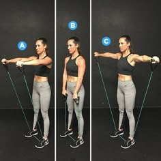 the woman is doing exercises with her resistance band and using both hands to pull up