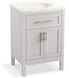 a white bathroom vanity with a sink and cabinet in it's side view, isolated against a white background