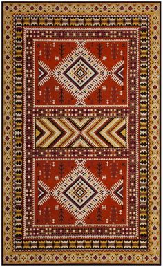 a red and yellow rug with different patterns