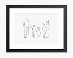 a black and white drawing of a family holding hands