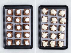 two trays filled with brownies and marshmallows