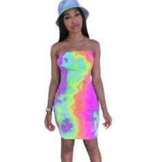 Stand Out In This Stretchy, Strapless Dress In Sexy Bodycon Style In Tie Dye Please Note: Stock Photo Is To Show Style Of Wear Only- Refer To Actual Dress Photos For Tie Dye Pattern Brand: Revamped Mrsp: $19.99 Size: M (8-10) Measurements: 38" 30" 40" Length Shoulder To Hem 39" Condition: New With Tag Fabric: 92/8 Wash Instructions: Machine Color: Yellow/Blue/Pink..Multi Smoke Free Environment Fast Shipping Casual Bandeau Party Dress, Casual Bandeau Dress For Party, Fitted Summer Club Dresses, Summer Fitted Club Dresses, Pink Bandeau Spring Dress, Spring Bodycon Strapless Dress, Pink Stretch Mini Dress For Summer, Summer Strapless Bodycon Mini Dress, Casual Strapless Mini Dress For Club