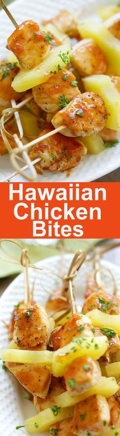 hawaiian chicken bites on skewers with pineapples