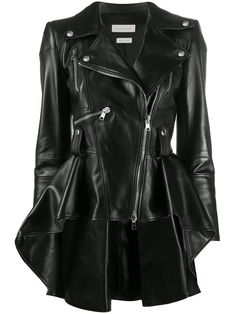 Black lambskin leather/silk flared leather biker jacket from Alexander McQueen featuring notched lapels, long sleeves, front zip fastening, multiple zip-fastening pockets, belted waist, high-low hem and flared design. Biker Clothing, Peplum Designs, Leather Peplum, Alexander Mcqueen Clothing, Biker Outfit, Peplum Jacket, Black Peplum, Biker Jackets, Peplum Hem