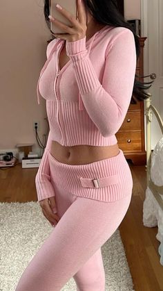 Trendy Fitted Tracksuit For Loungewear, Trendy Tracksuit For Spring Loungewear, Trendy Spring Tracksuit For Loungewear, Trendy Tracksuit For Loungewear In Spring, Casual Tops With Zipper Closure For Loungewear, Pink Matching Set Outfit, Pink Two Piece, Spring Knits, Sweatsuit Set