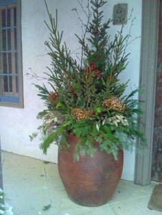 a large potted plant sitting on top of a tile floor next to a door