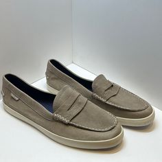 New, Never Worn. 11.5 Inches From Heel To Toe. Grey/Taupe Color. Beige Suede Closed Toe Sneakers, Casual Beige Plain Toe Loafers, Casual Beige Loafers With Textured Sole, Beige Suede Slip-ons With Removable Insole, Beige Suede Slip-on Sneakers, Beige Slip-on Suede Sneakers, Beige Suede Casual Slip-ons, Casual Beige Suede Slip-ons, Beige Casual Loafers With Cushioned Footbed