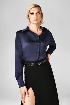 Our timeless button-up satin blouse is a true feminine statement piece. Subtly elegant for work one minute and flirtatiously playful the next. You can easily dress her up, down or sideways. For that chic & effortless vibe. Designed for the AMAB body such as the transgender woman or crossdresser. Blouse Size Chart, Satin Blouse, Stretch Satin, Women Tops, Skirt Top, Color Matching, New Fashion, New Dress, The Next