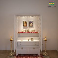 a shrine with candles and pictures on the wall