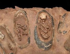 an image of two footprints in the sand that are carved into rocks with skulls and bones on them