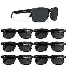 six pairs of sunglasses with the names of each pair in white and black on them