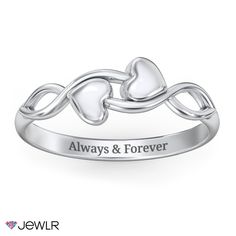 Celebrate the magic of being in love with this elegant handcrafted ring. This ring features two engravable hearts woven into an infinity-styled band. Personalize each of the hearts with an initial and design in sterling silver, white, yellow, or rose gold to create a beautiful promise ring, mother's ring, or a special gift for any occasion. Adjustable White Engraved Ring For Promise, Adjustable Heart Ring For Anniversary And Mother's Day, Adjustable Heart Ring For Anniversary On Mother's Day, Adjustable Infinity Stackable Anniversary Rings, Adjustable Infinity Stackable Rings For Anniversary, Personalized Adjustable Infinity Rings, Adjustable White Infinity Ring, White Adjustable Infinity Rings, Adjustable Sterling Silver Engraved Ring For Anniversary