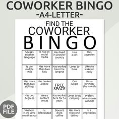 a printable coworker bingo game with the words, find the coworker bing