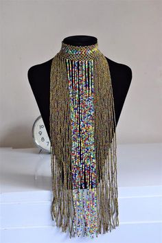 African Maasai Handmade Beaded Necklace |Chunky |Multi Color |Unique |African Woman Necklace |Ethnic Large Beads Festival Choker, Festival Large Beads Choker, Gold Beaded Necklace With Dangling Beads For Festivals, Gold Beaded Necklaces With Dangling Beads For Festival, Festival Gold Beaded Necklaces With Dangling Beads, Festival Gold Beaded Necklace With Dangling Beads, Bohemian Beaded Chain Beads For Festive Occasions, Bohemian Beaded Chain For Festive Occasions, Festival Multicolor Beaded Necklaces