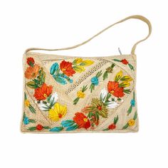 Vintage Jamaica Raffia Floral Embroidery Straw Bag Colorful Floral Embroidered Raffia Full Zip Shoulder Bag Purse Vintage Tourist Souvenir Memorabilia Brand New Without Tags! Stuffed With Shredded Newspapers Never Used; No Flaws Embroidered Natural Tote Shoulder Bag, Embroidered Rectangular Natural Straw Bag, Beige Rectangular Bags With Handwork, Rectangular Beige Bags With Handwork, Vintage Embroidered Tote Bag, Multicolor Embroidered Tote Bag For Vacation, Multicolor Embroidery Tote Bag For Vacation, Red Embroidered Handheld Bag, Traditional Pouch Bag For Vacation