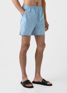 Men's Upcycled Marine Plastic Drawstring Swim Short in Light Blue | Sunspel Polo Shirts Men, Short Loungewear, Boy Fits, Swim Short, Blouse Pants, Pique Polo Shirt, Cotton Polo Shirt, Drawstring Shorts, Dress Trousers