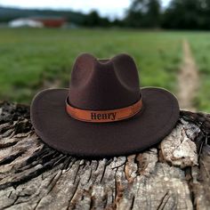 Custom Adjustable Fedora For Outdoor, Customizable Brown Hat With Flat Brim, Customizable Brown Flat Brim Hat, Custom Brown Hat Bands For Ranch, Custom Brown Hat Bands, One Size Fits Most, Personalized Adjustable Brimmed Hats, Custom Brown Hat Bands, Brown Country Style Felt Hat With Flat Bill, Adjustable Brown Hat Bands With Flat Bill