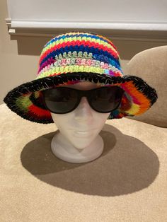 "hand crocheted bucket hat with silver thread brim Size: S-L Crown: 6.5\" Height: 9.5\" Width:12\" Head curcumference: 21-24\" Great hand crocheted bucket hat with silver thread brim" Bucket Hat Painting, Crocheted Bucket Hat, Hippie Hat, Crochet Summer Hats, Suit Hat, Crochet Sun Hat, Boho Hat, Crochet Bucket Hat, Crochet Summer