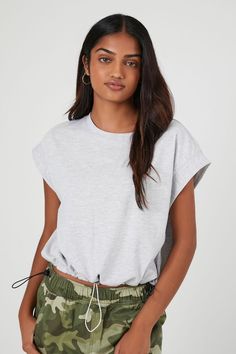 Cropped Toggle Drawstring Tee | Forever 21 Cotton Drawstring Tops For Loungewear, Cotton Tops With Drawstring For Loungewear, Trendy Drawstring Tops For Loungewear, Spring Loungewear Tops With Drawstring, Spring Drawstring Tops For Loungewear, Spring Drawstring Loungewear Tops, Athleisure Drawstring Tops For Loungewear, Casual Muscle Tee For Spring Loungewear, Relaxed Fit Crew Neck Top With Drawstring