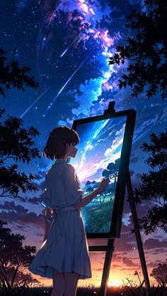 a girl is standing in front of an easel and looking at the night sky