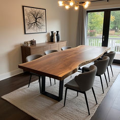 Dining room featuring a rustic Black Walnut Live Edge table. Black Walnut Dining Table, Dinner Table Wood, Dining Room Wall Design, Modern Walnut Dining Table, Wood Dinner Table, Nature Inspired Decor