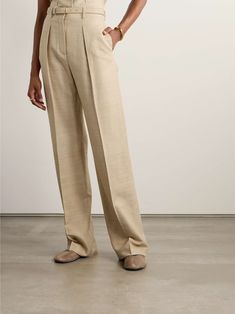 LORO PIANA Edward belted pleated raw silk wide-leg pants Luxury Silk Wide Leg Bottoms, Luxury Silk Wide Leg Pants, Luxury Silk Wide Leg Full Length Pants, Luxury Wide Leg Silk Pants, Luxury Silk Wide Leg Pants Full Length, Silk Wide Leg Pants With Pressed Crease, Tapered Leg Silk Pants For Work, Silk Wide-leg Bottoms With Pressed Crease, Silk Wide Leg Bottoms With Pressed Crease