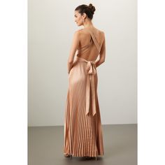 Gold (100% Polyester). Gown. Plunge neck. Back zipper closure. 55" from shoulder to hemline. Imported. Chic V-neck Prom Gown, Formal V-neck Maxi Dress With Tie Back, Pleated V-neck Gown For Party, Party Gown With Tie Back, Maxi Length, Party Tie-back Maxi Gown, Glamorous Formal Backless Maxi Dress, Glamorous Evening Maxi Dress With Tie Back, Glamorous V-neck Gown With Back Opening, Evening Backless V-neck Dress With Fitted Bodice