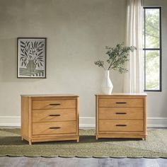 two wooden dressers sitting next to each other on top of a carpeted floor