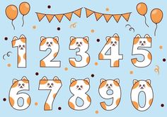 an orange and white cat with numbers, balloons and bunting on a blue background