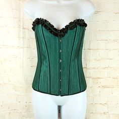 Overbust Corset Womens L Green Satin Black Trim Boned Halloween Cosplay Goth Steampunk Fitted Costume For Alternative Fashion, Gothic Fitted Corset For Costume Party, Fitted Steampunk Costume For Alternative Fashion, Fitted Punk Style Costumes For Alternative Fashion, Gothic Fitted Costumes, Fitted Corset For Cosplay Events And Costume Parties, Fitted Corset For Costume Party And Cosplay, Fitted Steampunk Costumes For Party, Steampunk Corset For Halloween Party