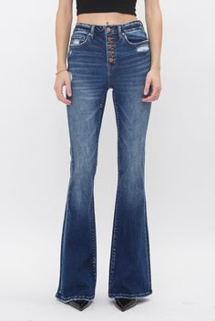 Mica High Rise Flare w/Button Up Rise 10" Inseam 33.5" Leg Opening 22" Flare Denim Jeans, Ladies Clothes, Stunning Outfits, Denim Flares, Vintage Vibes, Stand Out From The Crowd, Jeans Style, Stretchy Fabric, Face And Body