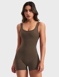 Our Lizvette V-Back Romper combines style and comfort with its striking design. The deep V and hip-lifting ruching enhance your curves, while its anti-sag, stretchy fabric ensures a perfect fit all day. A must-have for effortless elegance!   Feature    U-shaped wide neckline and open back   Deep V at the hips and hip-lifting scrunching design   Removable cup pads   Anti-sagging, compression yet stretchy   Double-sided fleece fabric   4.5-inch inseam    Fabric    75% Nylon + 25% Spandex    Model Comfy Jumpsuits, Solid Color Sweater, Hip Lifts, Sleeveless Short Dress, Retro Mode, Comfort Design, Graduation Outfit, Short Legs, Feminine Look