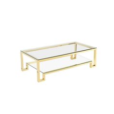 a glass and brass coffee table with two shelves on each side, against a white background