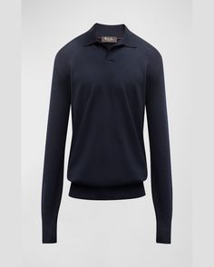 Loro Piana "Empire Wish" solid polo shirt. Spread collar. Long sleeves. Ribbed cuffs and hem. Pullover style. Virgin wool. Made in Italy. Loro Piana Men, Loro Piana, Fine Fabric, Pullover Styling, Neiman Marcus, Tops Designs, Polo Shirt, In Italy, Long Sleeves