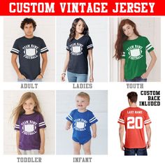 "Show your team support with this Vintage Football Fan Jersey! Customize team name or family name and number for each jersey. Great for family members of football players. Available in adult unisex jerseys, ladies' junior fit jerseys, youth jerseys, and even infant and Toddler bodysuits and jerseys! High Quality Jersey with 1 Color Vinyl team name and number on the front and Last name and number on the back... 2 Colors can be added for an additional fee of $10. CUSTOM Vintage Football Jersey wit Customizable Collegiate Cotton Jersey, Customizable Collegiate Fan Gear Jersey, Game Day Cotton Jersey With Team Name, Team-colored Jersey With Letter Print In Team Spirit Style, Team Spirit Cotton Jersey With Team Name, Customizable T-shirt For Football Season, Cotton Jersey For Sports Events With Team Spirit, Cotton Team Jersey, Customizable Cotton Jersey For Team Events